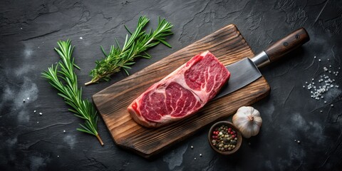 A succulent raw ribeye steak rests on a rustic wooden cutting board, accompanied by fresh rosemary sprigs, a clove of garlic, and a medley of peppercorns, all set against a dark stone background.