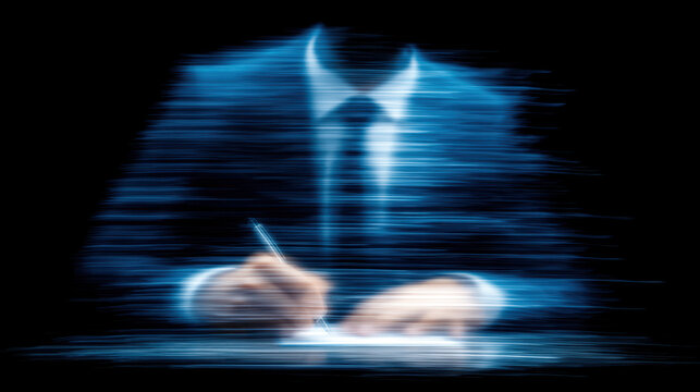 Person suit and tie writing paper with pen digital glitch effect creating horizontal lines and motion blur futuristic