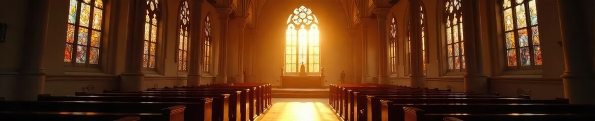 Serene church interior bathed in sunlight, stained glass illuminating the quiet sanctuary, conveying peace and spirituality , reflection, religious building