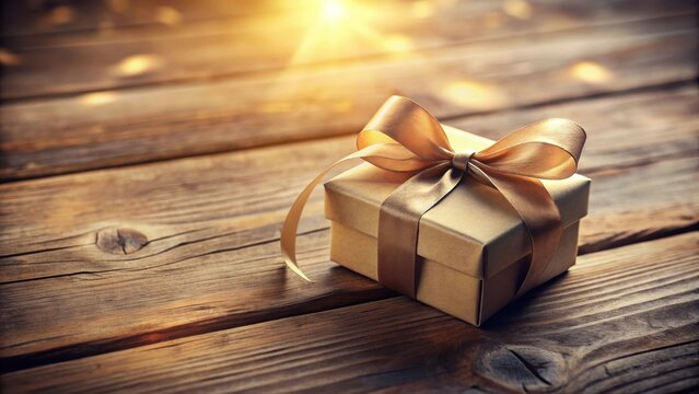 A golden gift box with a satin ribbon, elegantly presented on a rustic wooden surface, bathed in warm sunlight