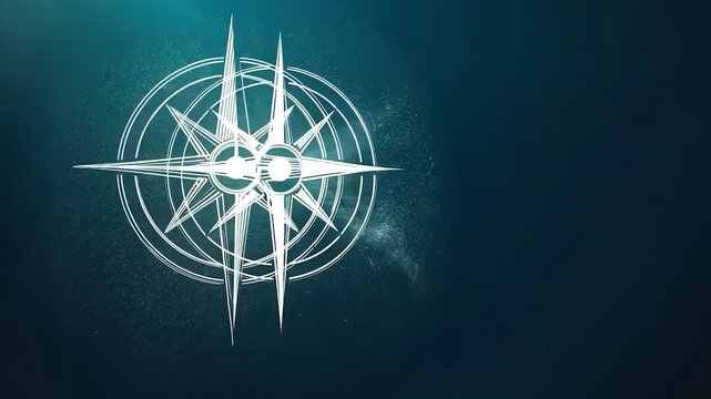 White compass rose graphic on dark teal background