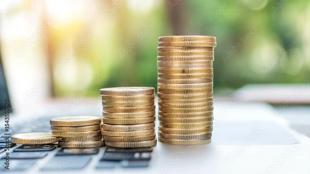 Poster Stacking Coin on a Computer: A symbol of finance, featuring a progressive stacks of gold coins on the surface of a computer keyboard, representing concept of savings, investment, and financial growth.