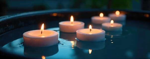 Serene floating candles in a dark blue water basin, reflecting soft light and creating a tranquil ambiance Perfect for spa, relaxation, or meditation themes , blue, still life
