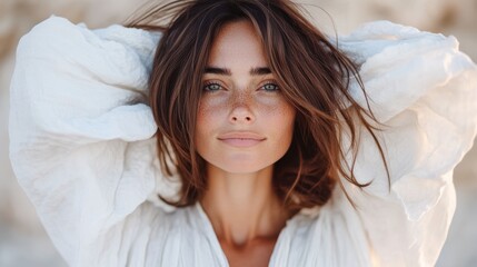 A serene portrait of a woman with freckled skin in a flowing white outfit, showcasing natural beauty amidst a soft, blurred background that evokes peace and tranquility.