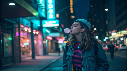 young woman walking on the street at night