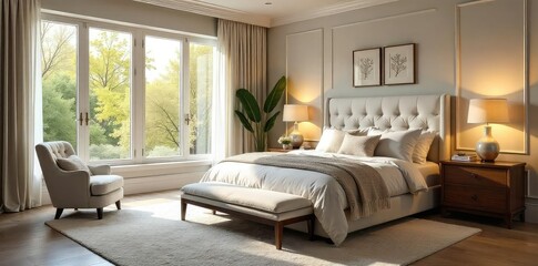 Serene master bedroom with plush bedding, elegant decor, and large windows offering natural light Perfect for relaxation and peaceful sleep , peaceful, windows, natural light