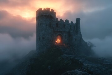 Medieval tower in misty landscape