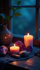 Serene night scene with candles, crystals, and incense burning, creating a calming and spiritual atmosphere Perfect for meditation, yoga, or relaxation , chakra, tranquility, wellbeing