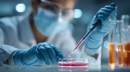 Scientist With Pipette Adding Liquid to Petri Dish in Laboratory Setting