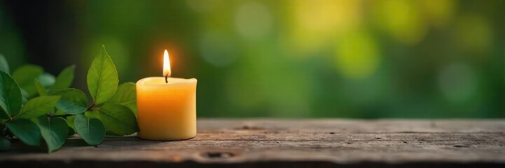 Serene scene of a single candle burning peacefully on a wooden table, surrounded by nature; a concept of self-care and solitude , stillness, hygge