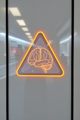 Brainy Warning: A neon brain symbol glows on a door, a compelling visual metaphor for intellectual focus and caution. The vivid detail captures a futuristic vibe.