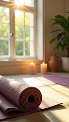 Serene scene of sunlit yoga studio with mats rolled up, candles, crystals, and calming decor, ideal for promoting mindfulness and relaxation , light, concentration