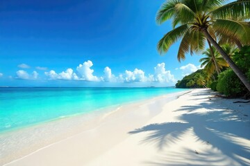 Serene secluded beach; pristine white sand meets turquoise water under a vibrant blue sky Perfect for escape and tranquility Enjoy the untouched beauty , tropical paradise, waves