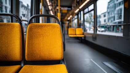 Fototapeta premium Interior of a bus with yellow seats aisle and blurred city view through the window