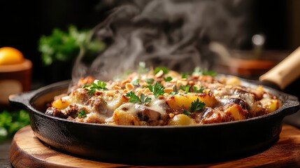 A steaming cast iron skillet showcases a hearty dish topped with fresh herbs, cheese, and nuts, creating a warm and inviting presentation perfect for any dinner table.