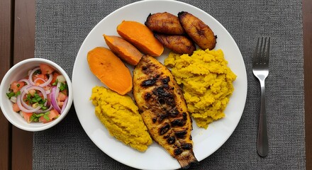 Mufete dish with grilled fish, sweet potatoes, plantains, and onion salad, arranged neatly following rule of thirds.