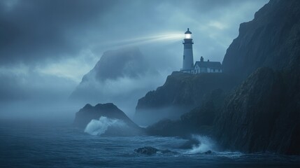 Misty coastal landscape with lighthouse