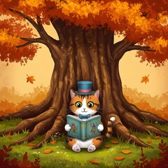 Cat Reading Under a Tree Whimsical Illustration