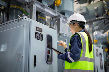 Female engineer inspects gas insulated switchgear equipment in industrial setting using tablet and...
