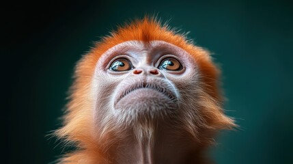 Obraz premium A close-up portrait of an adorable monkey with striking orange fur and large, expressive eyes, capturing the beauty and innocence of wildlife and nature's wonders.