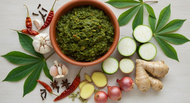 Flat lay of kizaca (cassava leaves stew) in rustic bowl, placed in upper left third, surrounded by spices and raw ingredients 2
