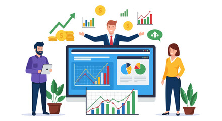 Flat Design Illustration of Business Team Analyzing Financial Data on Desktop Monitor with Floating Charts, Coins, and Growth Icons Representing Market Strategy and Team Collaboration
