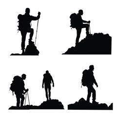 Set of Mountain Climber Silhouettes with Backpacks and Hiking Poles on Rocks