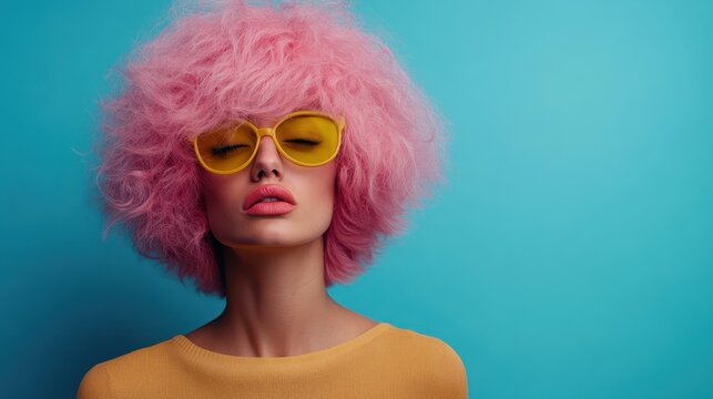 A fashionable young woman flaunts her vibrant pink hair and striking yellow glasses against a bright blue backdrop, radiating a playful and bold personality full of confidence.