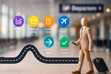 Businessman walking through airport with icons representing travel and business tasks floating above, including meeting recap, follow up email, expense report, return flight, and arrival home