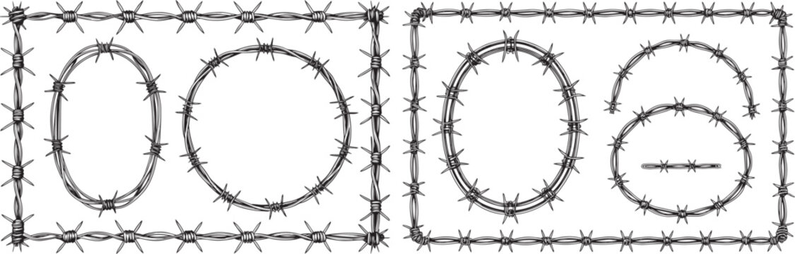 Twisted Barbed Wire Silhouettes Set &ndash; Round & Square Fence Frames Vector

