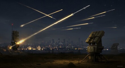 Military rockets launched over urban landscape at night capturing a moment of conflict illuminated by city lights