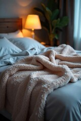 Soft, cozy fleece blanket draped over a bed, ready for a restful night's sleep Perfect for chilly evenings and adding warmth and comfort to any bedroom , comfortable, interior, warm