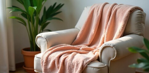 Soft, plush blanket draped over a cozy armchair, evoking feelings of warmth, comfort, and gentle serenity Perfect for home, family, and relaxation themes , safe, soothing, gentle