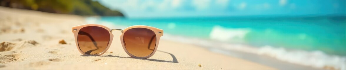 Stylish sunglasses resting on a vibrant, sun-drenched beach scene, capturing the essence of summer and relaxation Perfect for travel, vacation, and summer themed projects , holiday, orange
