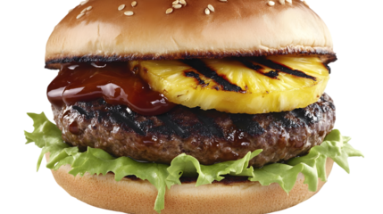 Close up of a burger with pineapple and sauce on a sesame bun on transparent background png
