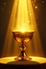 Sunbeams illuminate a golden chalice overflowing with radiant light, symbolizing spiritual enlightenment and divine grace; a concept of pure, golden spirituality , holy, awakening