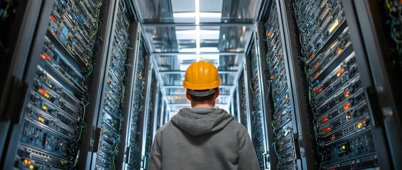 A technician checks server racks at a data center to make sure they are safe and operating at peak efficiency. - Powered by Adobe