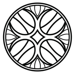 Symmetrical Floral Circle Design: Minimalist Geometric Ornament with Intersecting Shapes and Diamond Center in Black and White, Suitable for Pattern or Logo