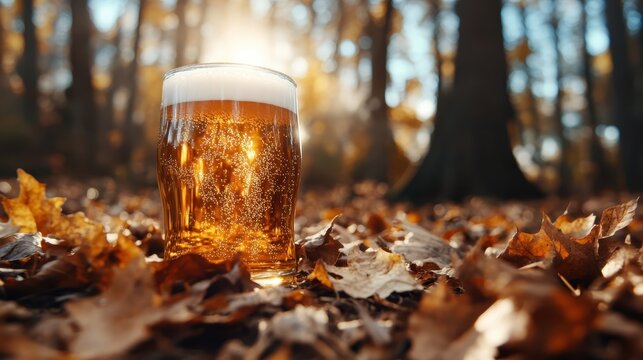 A perfectly crafted glass of beer sits upon a canvas of colorful autumn leaves, capturing the essence of the outdoors while creating a cozy and inviting atmosphere.