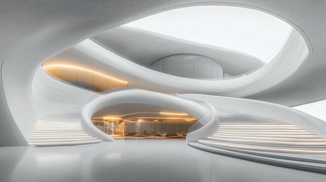 Modern, flowing architecture.  White, organic shapes.  Interior design