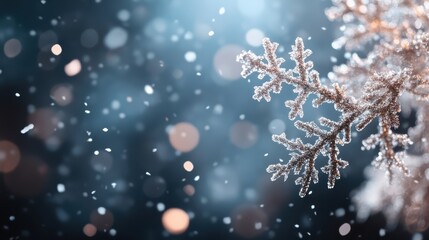 A stunning snowflake delicately rests against a dreamy winter backdrop, highlighting the beauty and uniqueness of winter elements in a serene and peaceful scene.