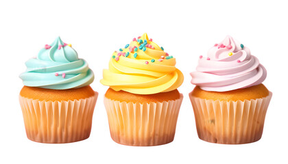A vibrant, eye level photograph of three different cupcakes lined up on a light pastel pink background. Each cupcake has distinct frosting colors and unique sprinkle