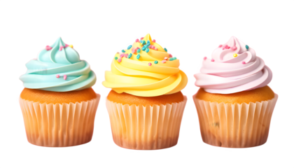 A vibrant, eye level photograph of three different cupcakes lined up on a light pastel pink background. Each cupcake has distinct frosting colors and unique sprinkle