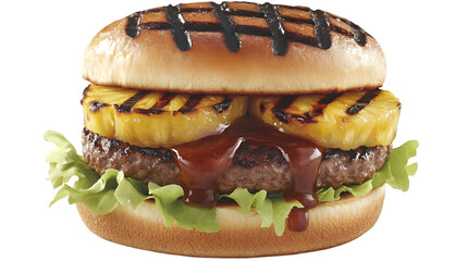 Close up of a burger with pineapple lettuce and barbecue sauce on transparent background png