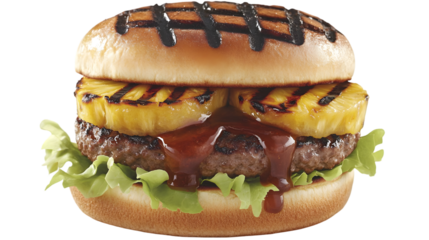 Close up of a burger with pineapple lettuce and barbecue sauce on transparent background png