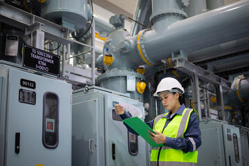 Engineer inspects gas insulated switchgear equipment carefully while holding clipboard in...