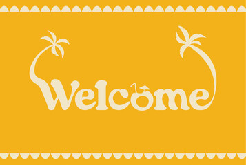 Wavy frame with Wecome text, yellow palms on white background. Vector set of palms for wedding invitations and greeting card design, Hawaiian concept, Summer concept,	