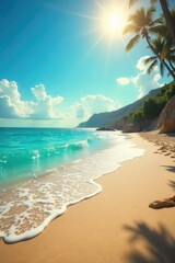 Sun-drenched beach scene, vibrant summer colors, suggesting the fleeting nature of fame and the pursuit of idyllic summer moments , waves, success, fame