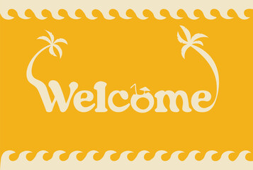 Wavy frame with Wecome text, yellow palms on white background. Vector set of palms for wedding invitations and greeting card design, Hawaiian concept, Summer concept,	
