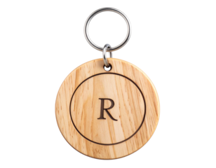  “Minimalist Wooden Key Ring with Custom Monogram Carving, Isolated PNG”